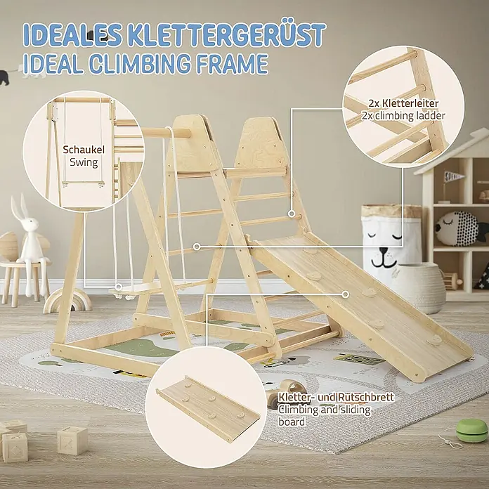 ECD Germany Klettergerüst 3in1 Multifunktions Kletterturm, Gleichgewicht & Balance ab 3 Jahren - 121 x 112 x 127 cm, Holz, Braun - Hölzernes Klettergerüst mit Rutsche, Kletterleiter und Schaukel für Kinder zum Spielen und Trainieren der Motorik.