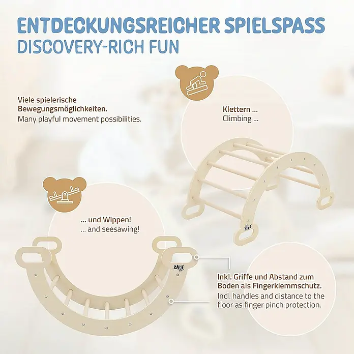 ECD Germany Klettergerüst Kletterbogen trainiert Gleichgewicht & Balance ab 2 Jahren - 89 x 52 x 45,5 cm, Holz, Braun - Entdecke den Zazou Spielbogen und die Kletterwippe für abwechslungsreichen Spielspaß und Förderung der kindlichen Entwicklung.