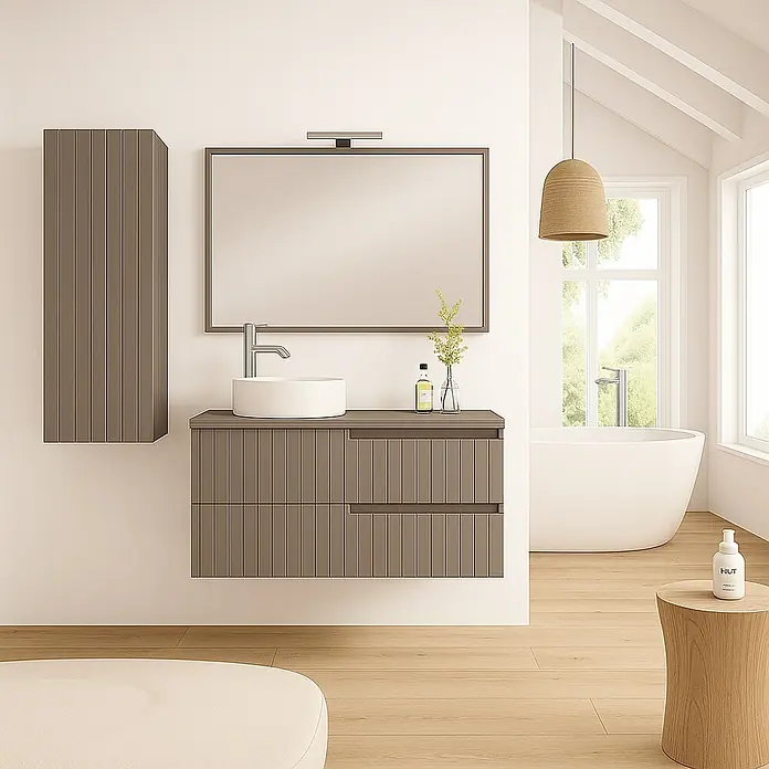 Armario colgante de baño Claire - L x An x Al: 25 x 35 x 110 cm, Moka - Elegante interior de baño con un tocador moderno con diseño acanalado gris, un lavabo redondo y un armario con espejo a juego.