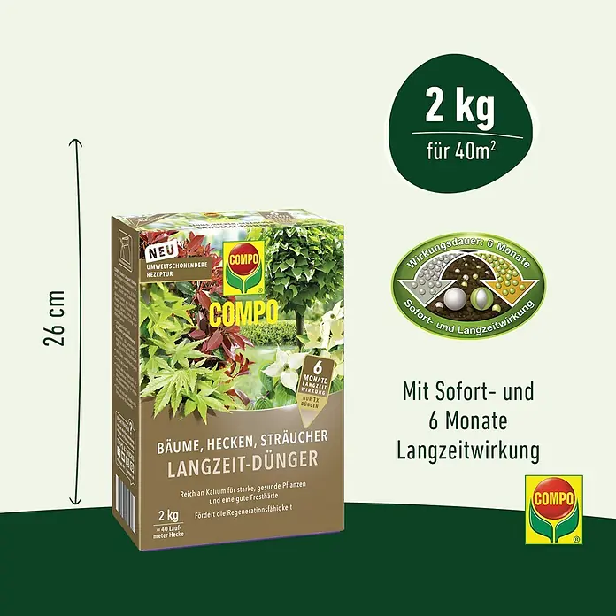 Compo Langzeitdünger Bäume, Hecken, Sträucher - 2 kg - Abbildung einer 2 kg Packung COMPO Langzeit-Dünger für Bäume, Hecken und Sträucher.