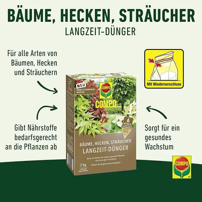 Compo Langzeitdünger Bäume, Hecken, Sträucher - 2 kg - COMPO Langzeit-Dünger für Bäume, Hecken und Sträucher. Der Dünger sorgt für ein gesundes Wachstum und ist umweltschonend.