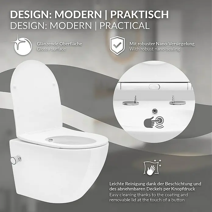 LuxeBath Wand-WC Weiß mit Nano Beschichtung kurz Bidet Funktion Lotus Effekt - Spülrandlos, Mit antibakterieller Glasur, Spülform: Tief, WC Abgang: Waagerecht, Weiß - Bild einer modernen, wandhängenden Toilette mit glänzender Oberfläche und Nano-Versiegelung für einfache Reinigung.