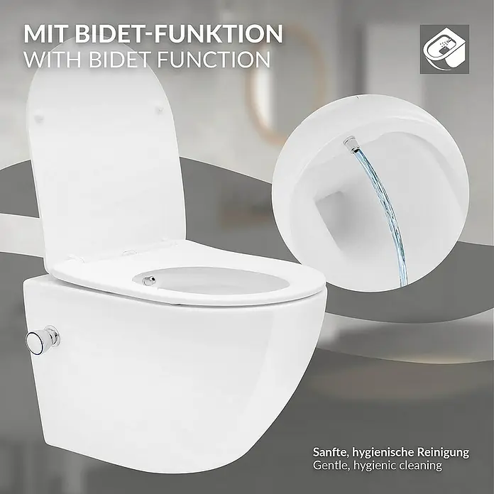 LuxeBath Wand-WC Weiß mit Nano Beschichtung kurz Bidet Funktion Lotus Effekt - Spülrandlos, Mit antibakterieller Glasur, Spülform: Tief, WC Abgang: Waagerecht, Weiß - Das Bild zeigt eine moderne Toilette mit Bidetfunktion, die sanfte und hygienische Reinigung ermöglicht.