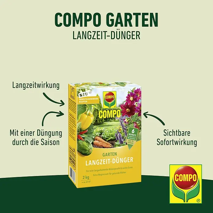 Compo Langzeitdünger Garten - 2 kg, Max. Anwendungsfläche: 37 m² - Compo Garten Langzeit-Dünger: Der hochwertige Gartendünger sorgt für eine langanhaltende Blütenpracht und reiche Ernte im Garten.