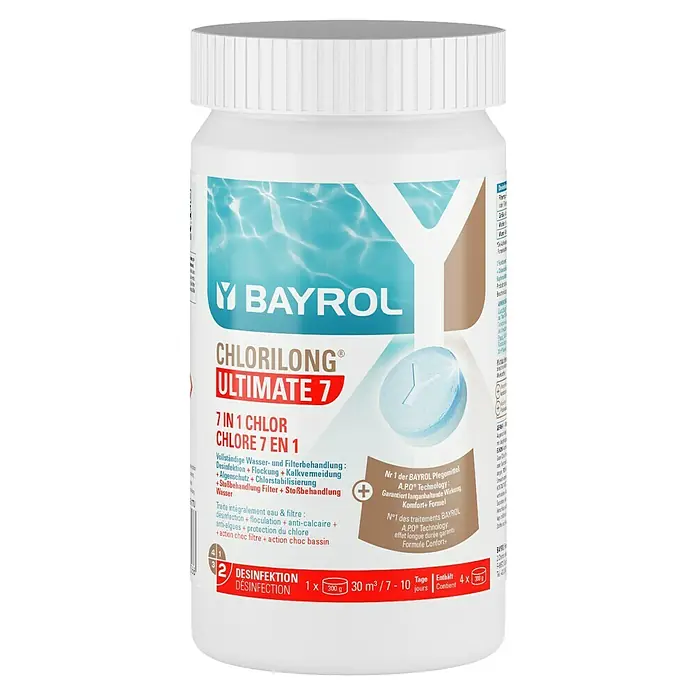 Bayrol Chlortabs Chlorilong Ultimate 7 - 1,2 kg - BAYROL Chlorilong Ultimate 7: 7-in-1 Chlor zur umfassenden Wasser- und Filterbehandlung im Pool. Desinfektion, Flockung und mehr für klares Wasser.