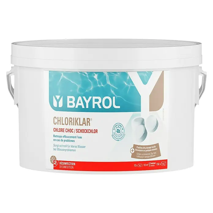 Bayrol Chlortabs Chloriklar - 3 kg, Geeignet für: Stoßchlorung - Abgebildet ist ein Chlortabletten-Eimer der Marke Bayrol Chloriklar. Das Produkt dient zur schnellen Desinfektion von Poolwasser bei Problemen.
