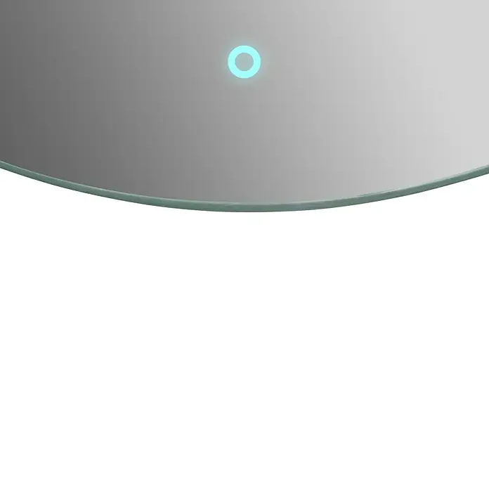 Bath Stage Espejo con luz B-934 - Diámetro: 70 cm, Blanco frío - Primer plano de un espejo redondo con un botón táctil azul brillante, ideal para diseños de baño modernos.
