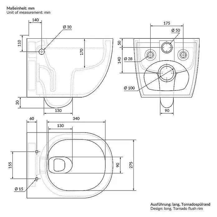 LuxeBath Wand-WC lang 54cm Schwarz Bidet-Funktion Nano Beschichtung - Schwarz - Technische Zeichnung einer wandhängenden Toilette mit Tornado-Spülrand und den dazugehörigen Maßen.