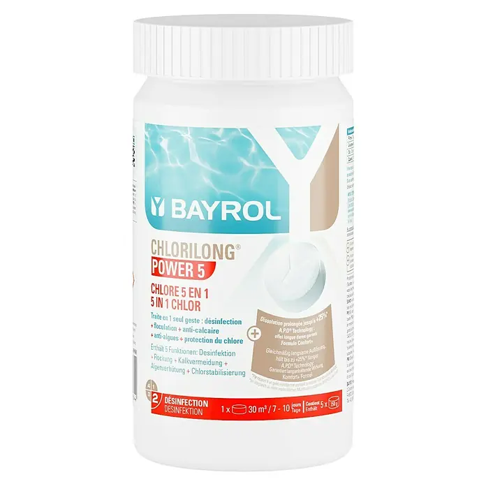 Bayrol Chlortabs Chlorilong Power 5 - 5 kg - Produktbild einer Dose Bayrol Chlorilong® Power 5, einem Desinfektionsmittel für Pools, mit Hinweisen zu Funktionen und Dosierung.