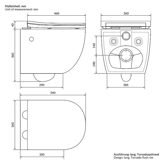LuxeBath Wand-WC lang 54cm Schwarz Nano Beschichtung Tornadospülung - Schwarz - Technische Zeichnung einer wandhängenden Toilette mit Abmessungen in Millimetern.