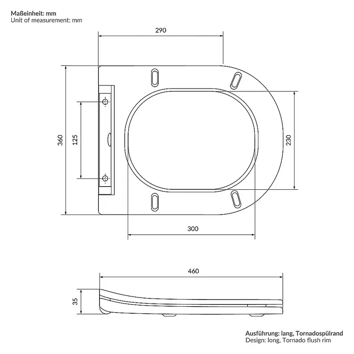 LuxeBath Wand-WC lang 54cm Schwarz Nano Beschichtung Tornadospülung - Schwarz - Abbildung eines Toilettensitzes mit den Maßen 460 x 360 mm. Der Toilettendeckel hat eine Tornado-Spülrand-Ausführung und ist in der Farbe Weiß gehalten.