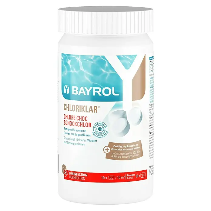 Bayrol Chlortabs Chloriklar - 1 kg, Geeignet für: Stoßchlorung - Bild einer Dose Bayrol Chloriklar Schockchlor zur schnellen Desinfektion von Poolwasser bei Wasserproblemen.