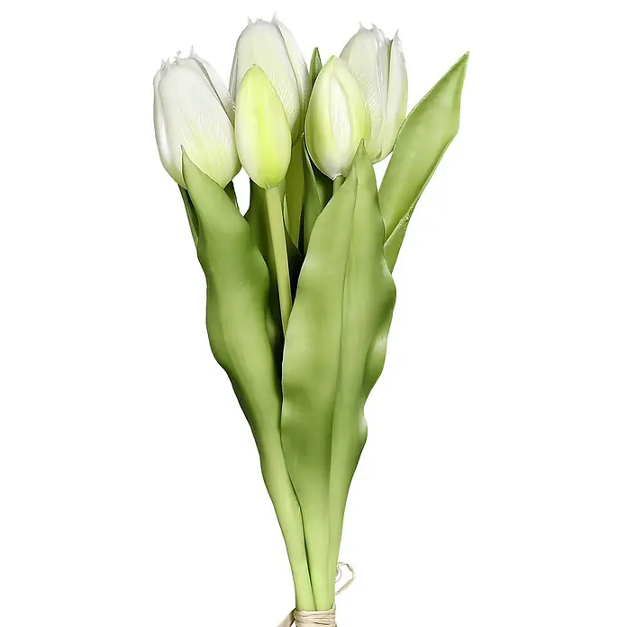Kunstblume Tulpen - Höhe: 31 cm, Pink, Creme (sortiert) - Elegante Nahaufnahme eines Bunds weißer Tulpen, gebunden mit Naturfaser, vor einem schlichten, dunklen Hintergrund.