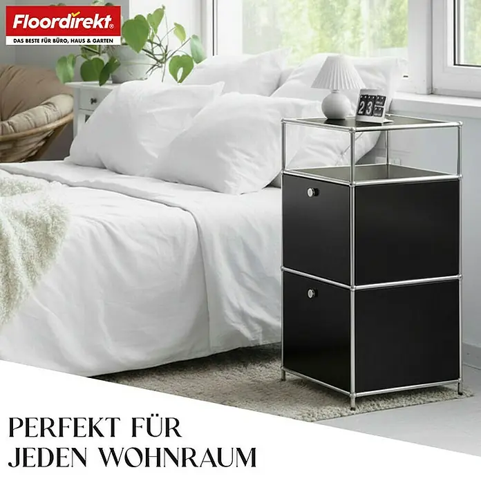Floordirekt Metallregal Concept Epure MK-120 - 50 x 40 x 100 cm Schwarz - H x B x T: 100 x 50 x 40 cm, Anzahl Böden: 4 Stk., Schrauben, Schwarz - Elegantes Schlafzimmerambiente mit einem modernen schwarzen Nachttisch mit zwei Schubladen, perfekt für jeden Wohnraum.