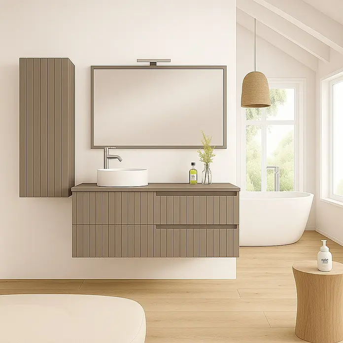 Mueble bajo de lavabo Claire - An x Pr x Al: 120 x 45 x 50 cm, Moka, 1 seno, sobreponer, salida izquierda - Elegante baño con mueble de lavabo de madera y armario con espejo a juego para una estética moderna.