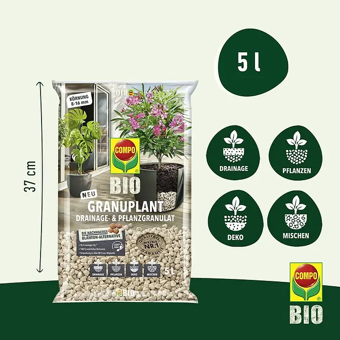 Compo Bio Pflanzgranulat Granuplant® - 5 l - Abbildung eines 5L-Sacks COMPO BIO Granuplant Drainage- & Pflanzgranulat, ein nachhaltiges Blähton-Alternative für Pflanzen.