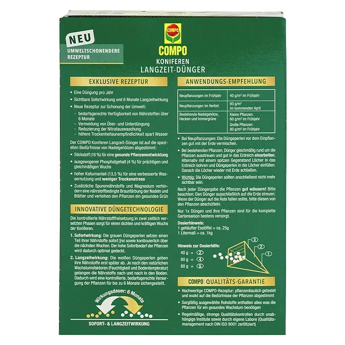 Compo Langzeitdünger Koniferen - 850 g - COMPO Koniferen Langzeit-Dünger: Umweltfreundlicher Dünger für Koniferen, sorgt für gesundes Wachstum und grüne Pflanzen.