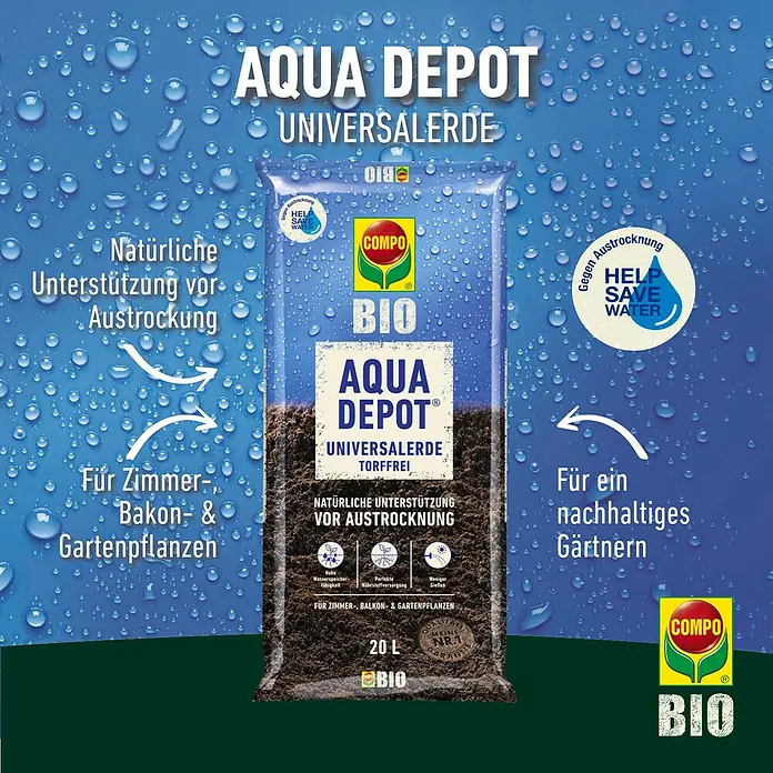 Compo Universalerde Aqua Depot - Nettovolumen: 20 l - Bio Aqua Depot Universalerde im blauen Sack. Universalerde für Zimmer-, Balkon- & Gartenpflanzen zur natürlichen Unterstützung vor Austrocknung.