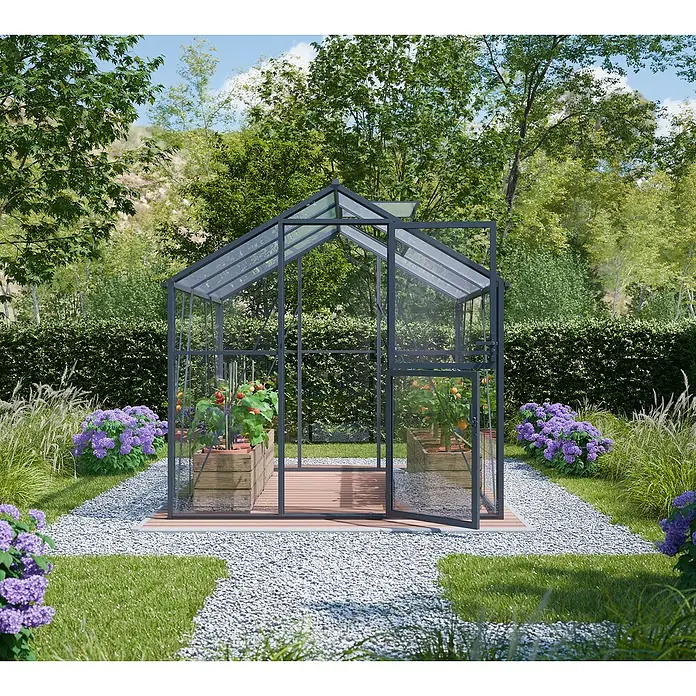 Geo garden Gewächshaus Paris 2 - Außenmaß inkl. Dachüberstand (B x T): 236,6 x 232,1 cm, Anthrazit - Nahaufnahme eines Gewächshauses mit Pflanzen darin, umgeben von einem grünen Garten. Das Gewächshaus ist aus Glas und hat einen grauen Rahmen.