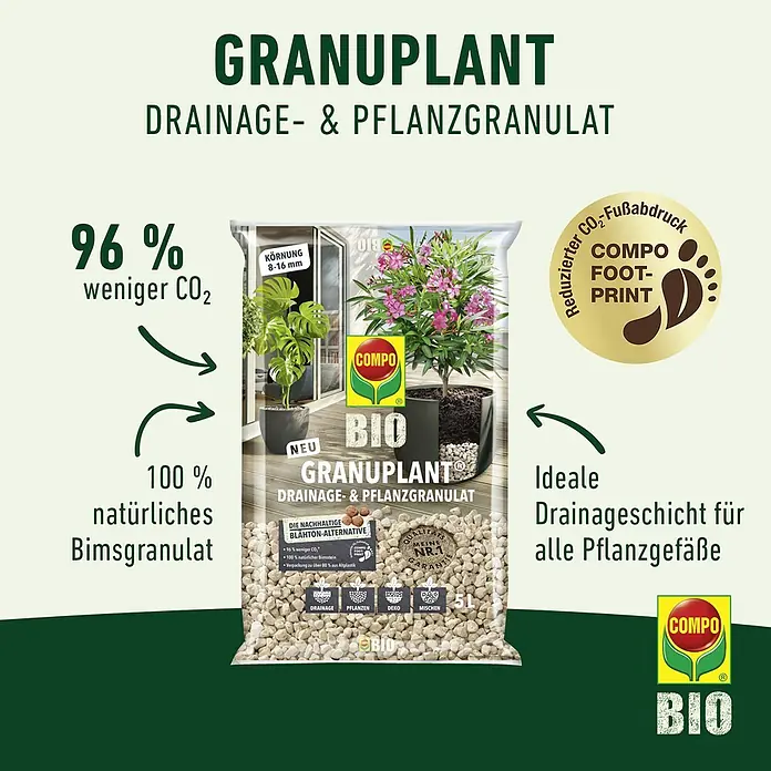 Compo Bio Pflanzgranulat Granuplant® - 5 l - GRANUPLANT Drainage- & Pflanzgranulat: Eine nachhaltige Alternative für gesunde Pflanzen und eine ideale Drainage in Pflanzgefäßen.