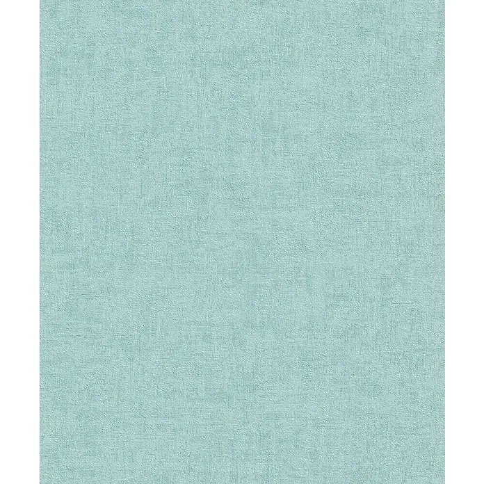 Rasch Vliestapete - Blau, Uni, 10,05 x 0,53 m, Schimmernd - Detailaufnahme einer hellblaugrünen Tapete mit feiner, texturierter Oberfläche, die eine ruhige und natürliche Atmosphäre vermittelt.
