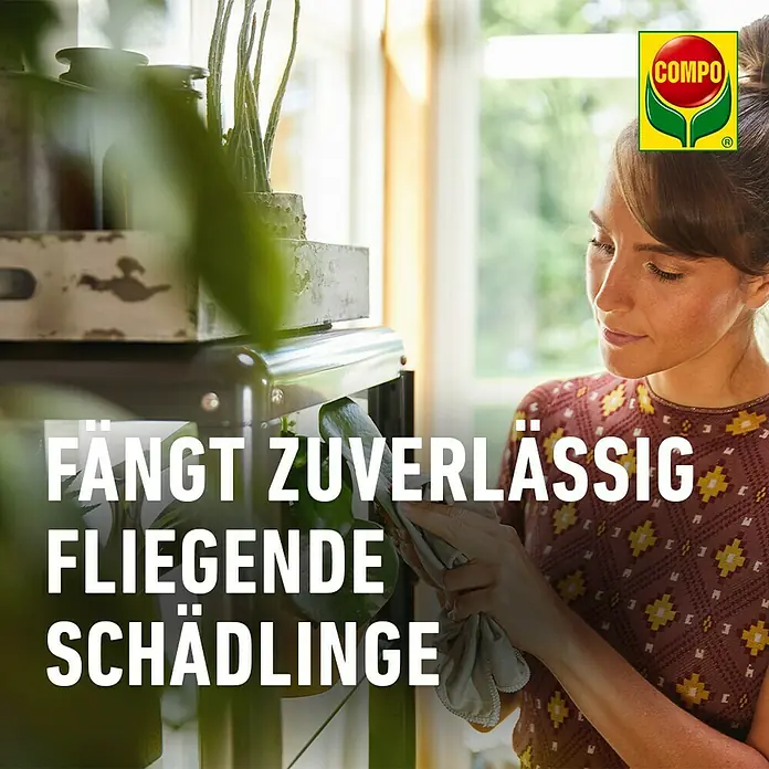Compo Gelb-Sticker - 10 Stk. - COMPO-Produktwerbung mit dem Text "Fängt zuverlässig fliegende Schädlinge" und einer Frau, die eine Pflanze pflegt.