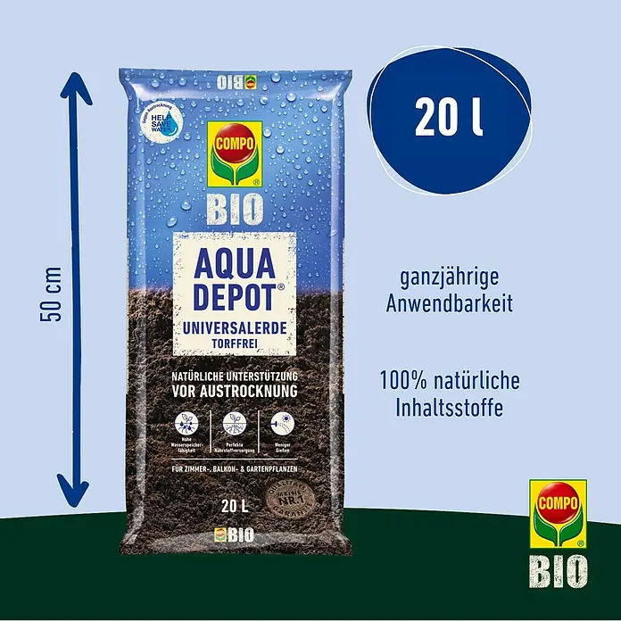 Compo Universalerde Aqua Depot - Nettovolumen: 20 l - Produktbild einer 20L-Packung COMPO BIO Aqua Depot Universalerde, torffreie Blumenerde für Zimmer-, Balkon- und Gartenpflanzen.