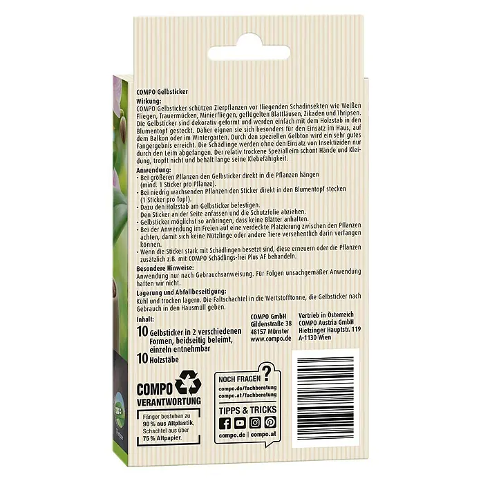 Compo Gelb-Sticker - 10 Stk. - COMPO Gelbsticker: Schützt Zierpflanzen vor Schadinsekten. Dekorativ, mit Holzstab für Haus, Balkon oder Wintergarten. Spezialleim, tropft nicht.