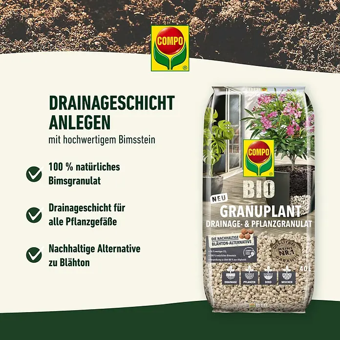Compo Bio Pflanzgranulat Granuplant® - 40 l - Produktbild von COMPO Bio Granuplant Drainage- & Pflanzgranulat, eine nachhaltige Alternative zu Blähton für alle Pflanzgefäße.