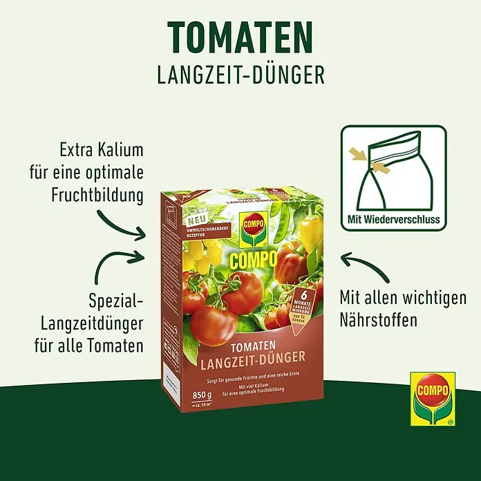 Compo Langzeitdünger Tomaten - 850 g, Max. Anwendungsfläche: 14 m² - Abbildung eines COMPO Tomaten Langzeit-Düngers, ideal für eine reiche Ernte und gesunde Früchte, mit Wiederverschluss.