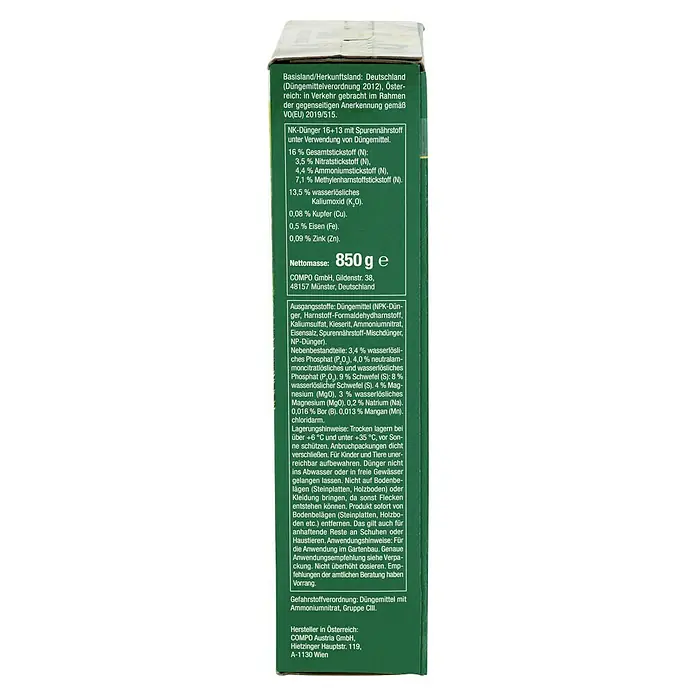 Compo Langzeitdünger Koniferen - 850 g - Detailansicht der COMPO Düngemittel-Packung mit Inhaltsangabe und Hinweisen zur Anwendung und Lagerung.
