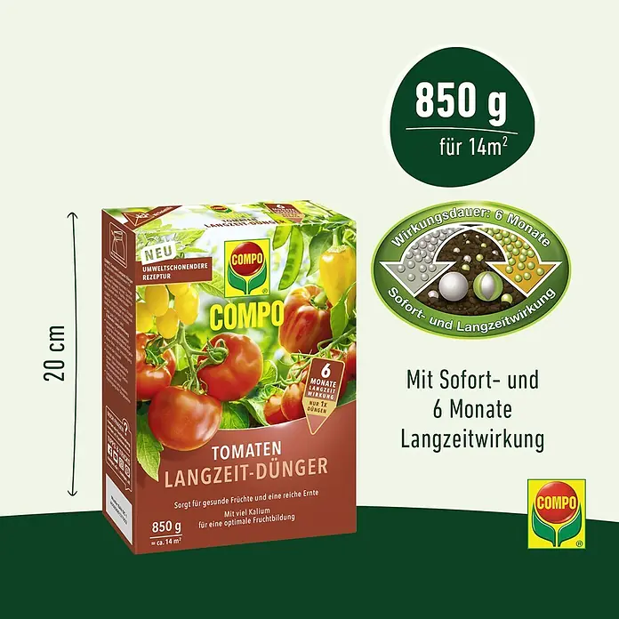 Compo Langzeitdünger Tomaten - 850 g, Max. Anwendungsfläche: 14 m² - COMPO Tomaten Langzeit-Dünger für gesunde Früchte und reiche Ernte, 850g für 14m², mit Sofort- und Langzeitwirkung.