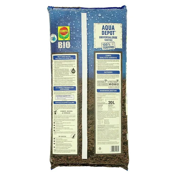 Compo Universalerde Aqua Depot - Nettovolumen: 20 l - Eine Nahaufnahme der COMPO BIO AQUA DEPOT Universalerde, torffrei, verpackt in einer blauen Plastiktüte mit weißen Akzenten.
