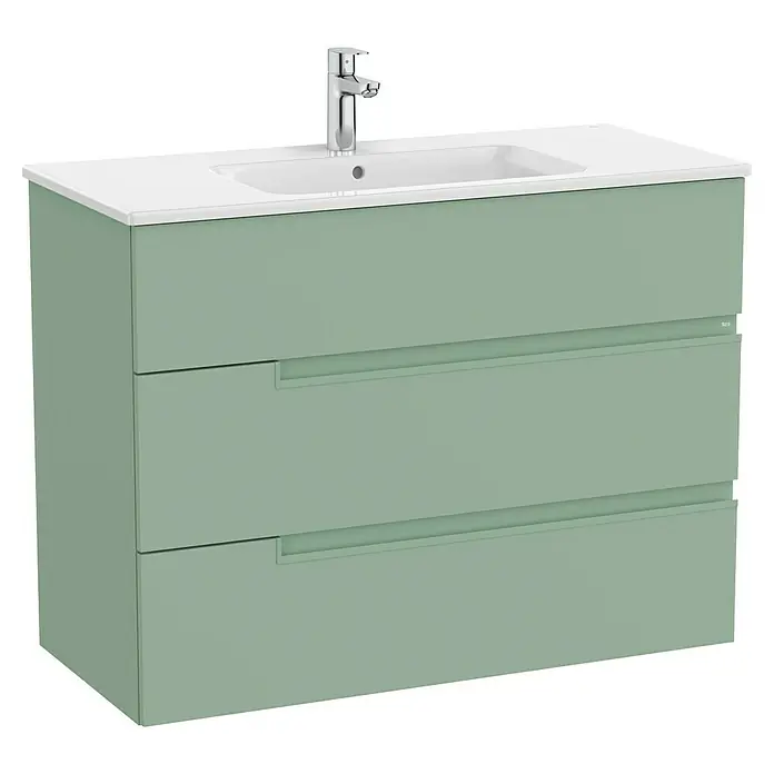 Roca Conjunto de mueble de baño Unik Borneo-N 3C - Ancho: 100 cm, Verde Sage, 2 pzs. - Imagen de un moderno mueble de baño verde con tres cajones y un lavabo blanco.