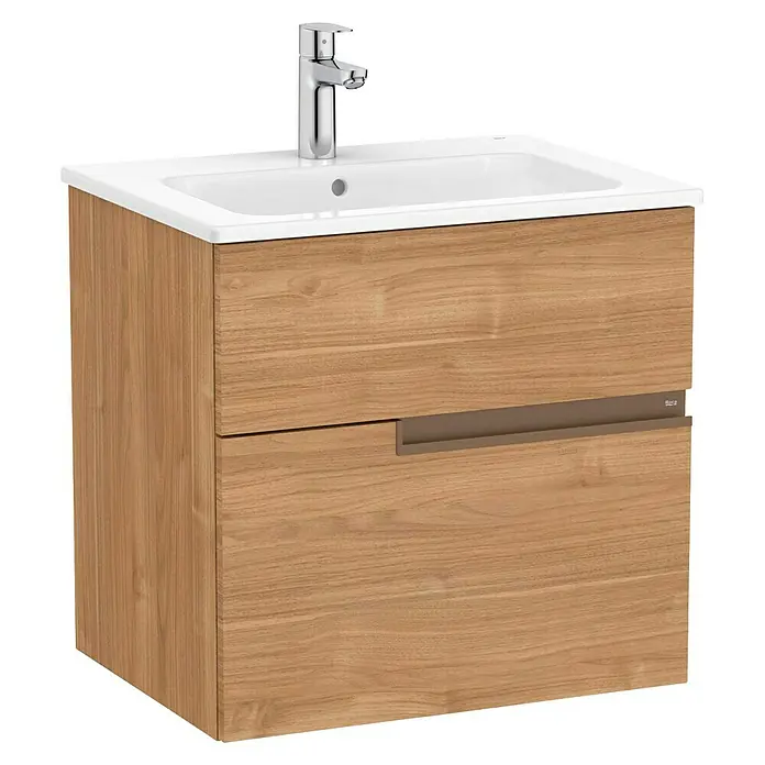 Roca Conjunto de mueble de baño Unik Borneo-N 2C - Ancho: 60 cm, Walnut, 2 pzs. - Un mueble de baño con dos cajones y un grifo, ideal para baños modernos.