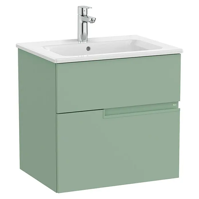 Roca Conjunto de mueble de baño Unik Borneo-N 2C - Ancho: 60 cm, Verde Sage, 2 pzs. - Moderno mueble de lavabo color salvia. El mueble de baño presenta un diseño minimalista con líneas limpias y tiradores integrados.