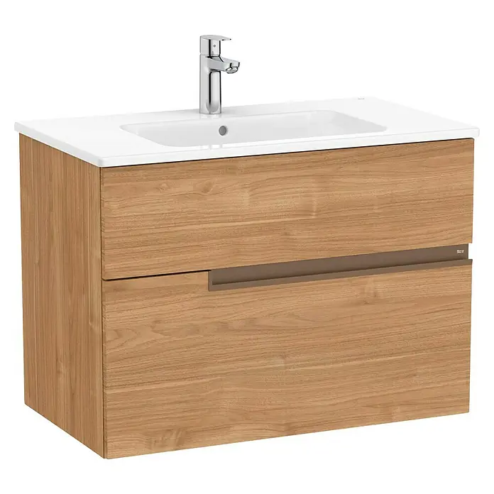 Roca Conjunto de mueble de baño Unik Borneo-N 2C - Ancho: 80 cm, Walnut, 2 pzs. - Imagen de un moderno mueble de baño de madera con dos cajones, un lavabo sobre encimera blanco y un grifo.
