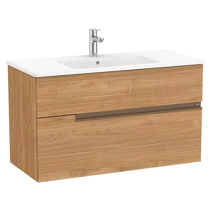 Roca Conjunto de mueble de baño Unik Borneo-N 2C - Ancho: 100 cm, Walnut, 2 pzs. - Un moderno lavabo con estructura de madera y lavabo sobre encimera blanco. Ideal para cualquier baño.