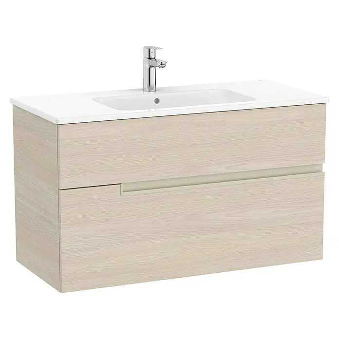 Roca Conjunto de mueble de baño Unik Borneo-N 2C - Ancho: 100 cm, Beige, 2 pzs. - Este mueble de baño con aspecto de madera, dos cajones y un lavabo blanco es un complemento elegante para cualquier baño.