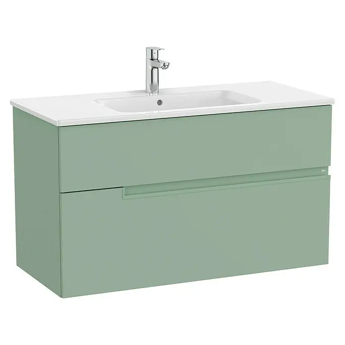 Roca Conjunto de mueble de baño Unik Borneo-N 2C - Ancho: 100 cm, Verde Sage, 2 pzs. - Elegante y moderno mueble de baño en verde salvia con dos cajones y encimera de cerámica blanca con grifo.