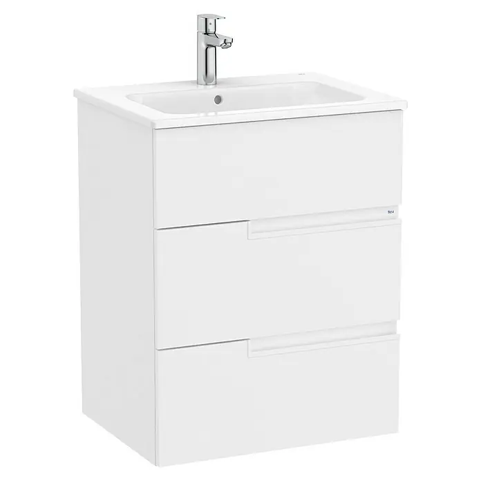 Roca Conjunto de mueble de baño Unik Borneo-N 3C - Ancho: 60 cm, Blanco, 2 pzs. - Imagen de un mueble de lavabo blanco con dos cajones y un grifo moderno, mostrando un diseño de baño elegante con líneas limpias.