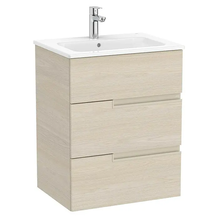 Roca Conjunto de mueble de baño Unik Borneo-N 3C - Ancho: 60 cm, Beige, 2 pzs. - Un moderno mueble de baño con aspecto de madera con tres cajones y un lavabo blanco. El grifo es cromado. Ideal para cualquier baño.