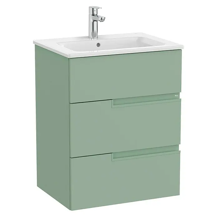 Roca Conjunto de mueble de baño Unik Borneo-N 3C - Ancho: 60 cm, Verde Sage, 2 pzs. - Un mueble de baño verde Roca con tres cajones y un lavabo blanco con grifo.