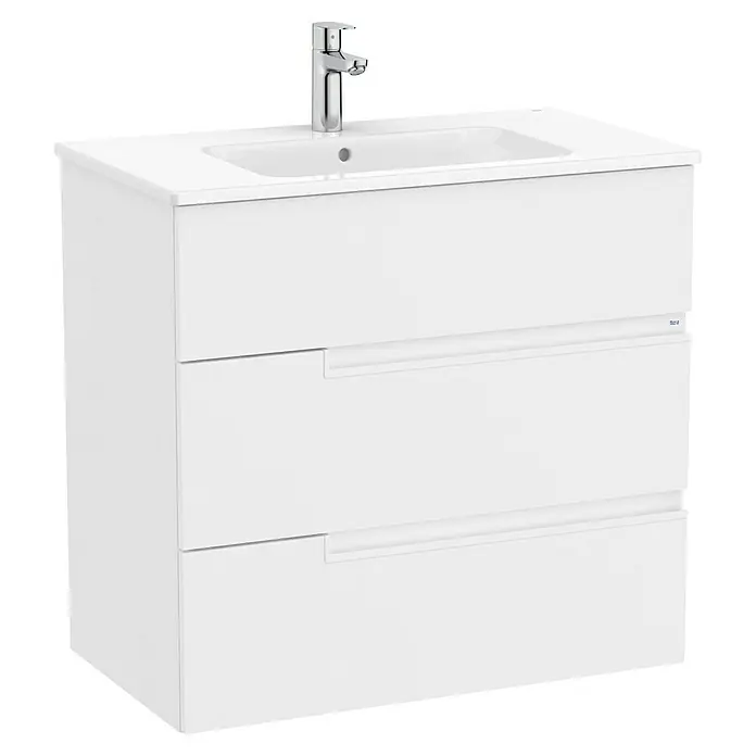 Roca Conjunto de mueble de baño Unik Borneo-N 3C - Ancho: 80 cm, Blanco, 2 pzs. - Un mueble de baño blanco con dos cajones y un grifo moderno. Ideal para cualquier baño.