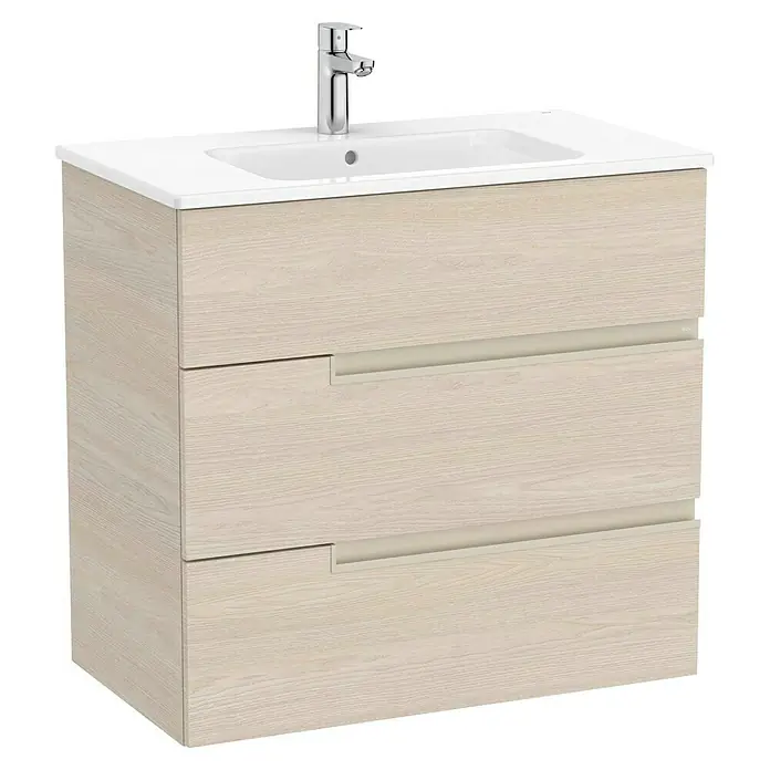 Roca Conjunto de mueble de baño Unik Borneo-N 3C - Ancho: 80 cm, Beige, 2 pzs. - Mueble de baño con tres cajones y lavabo blanco, brindando estilo y almacenamiento a tu baño.