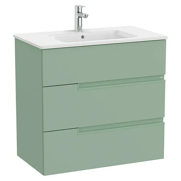 Roca Conjunto de mueble de baño Unik Borneo-N 3C - Ancho: 80 cm, Verde Sage, 2 pzs. - Moderno mueble de baño verde con tres cajones y lavabo blanco.