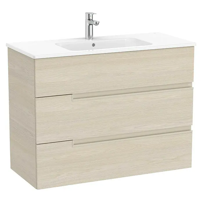 Roca Conjunto de mueble de baño Unik Borneo-N 3C - Ancho: 100 cm, Beige, 2 pzs. - Imagen de un mueble de baño con tres cajones y lavabo, que ofrece una solución de almacenamiento elegante y práctica.