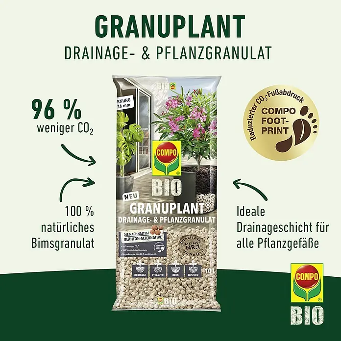 Compo Bio Pflanzgranulat Granuplant® - 10 l - Abbildung eines Sackes COMPO BIO Granuplant Drainage- & Pflanzgranulat, eine nachhaltige Blähton-Alternative für Pflanzen.