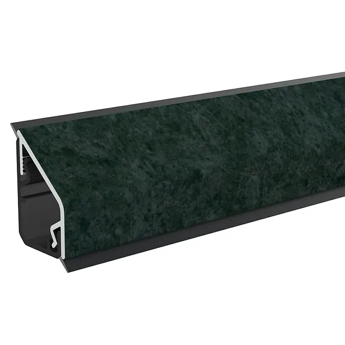 LOGOCLIC Wandabschlussprofil K205 - 63,5 x 1,6 x 2,4 cm, Black Concrete - Nahaufnahme eines Aluminiumprofils mit einer dekorativen, dunkelgrünen Oberfläche. Ideal für moderne Innenraumgestaltung.