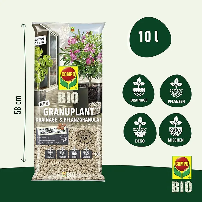 Compo Bio Pflanzgranulat Granuplant® - 10 l - COMPO BIO Granuplant Drainage- & Pflanzgranulat im 10L Sack. Ideal für Drainage, Pflanzen, Deko und zum Mischen, nachhaltige Alternative.